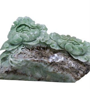 Chinese Natural Green Dushan Jade Statue w Flower Peony Blossom